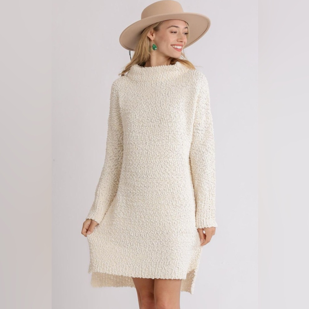 Umgee Full Size High Low Long Sleeve Boucle Sweater Dress Plus Size